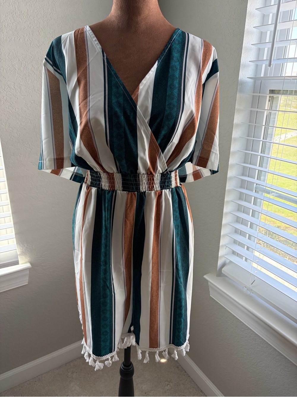 SHEIN Striped V-Neck Romper in Green White & Tan